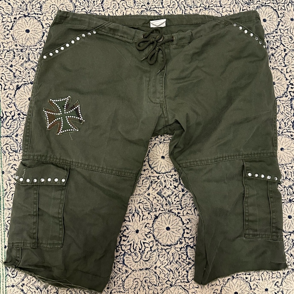 Royal Bones Olive Studded Cargo Shorts with Cross Rhinestone Accent